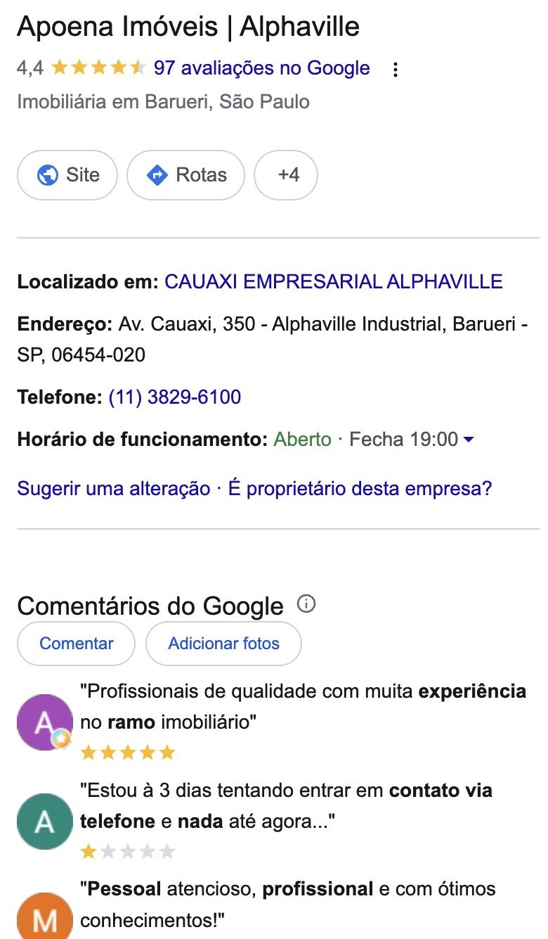 Ficha da Apoena Imóveis no Google